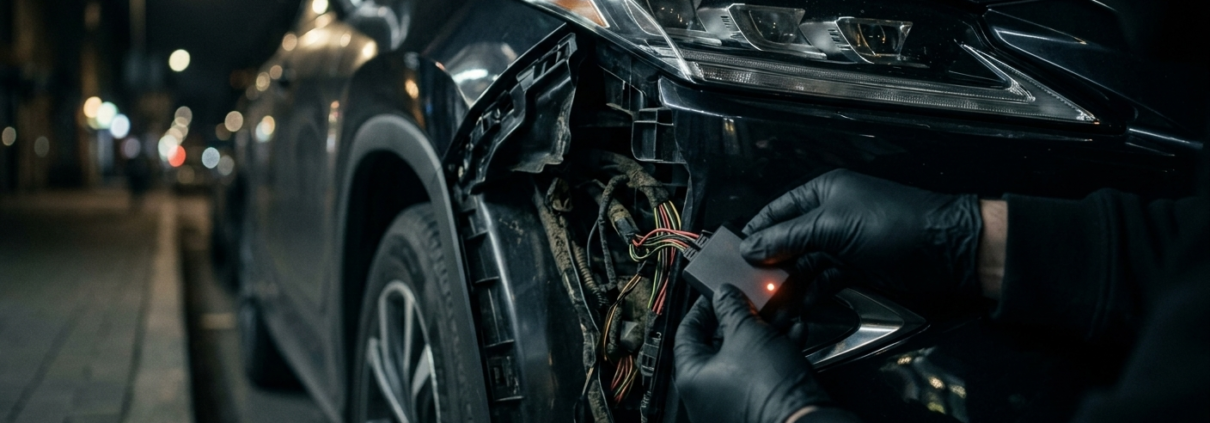 Widok z bliska na kradzież Lexusa metodą CAN Injection – złodziej w nocy wpinający emulator w magistralę CAN przez przedni reflektor auta.