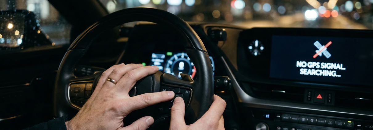 Kierowca wpisujący kod PIN na przyciskach kierownicy w aucie premium, podczas gdy na ekranie nawigacji wyświetla się brak sygnału GPS spowodowany zagłuszarką. Skuteczne zabezpieczenie przed kradzieżą w autosecurity.pl.