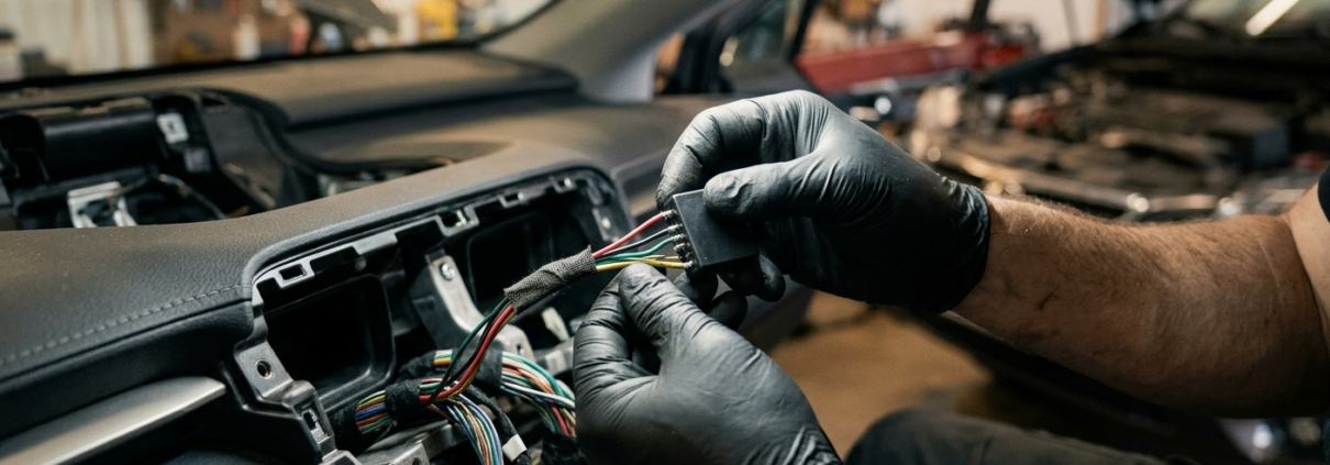 Specjalista autosecurity.pl wykonuje precyzyjny montaż cyfrowej blokady magistrali CAN wewnątrz kokpitu nowoczesnego auta, zabezpieczając pojazd przed kradzieżą na gameboya i emulator klucza.