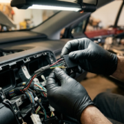 Specjalista autosecurity.pl wykonuje precyzyjny montaż cyfrowej blokady magistrali CAN wewnątrz kokpitu nowoczesnego auta, zabezpieczając pojazd przed kradzieżą na gameboya i emulator klucza.