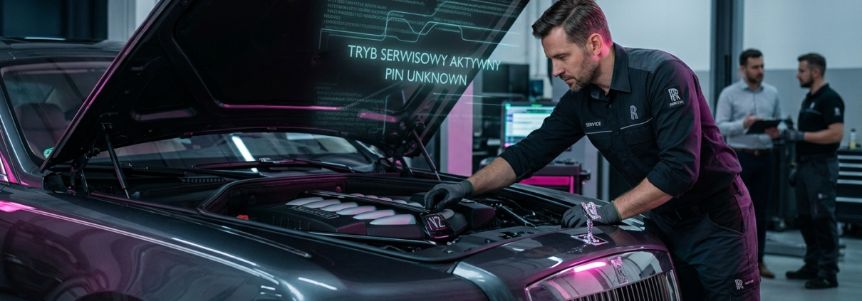 Mechanik w profesjonalnym warsztacie pracuje przy silniku luksusowego auta. Nad maską widnieje cyfrowy hologram z napisem Tryb Serwisowy Aktywny i PIN Unknown, symbolizujący dyskrecję zabezpieczeń autosecurity.pl.